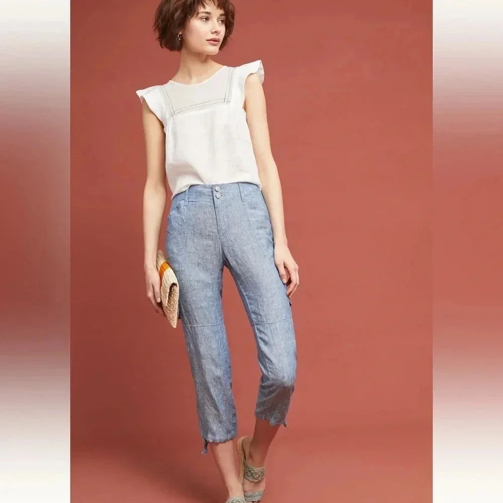 Anthropologie sanctuary terrain linen cropped utility pants 32 chambray